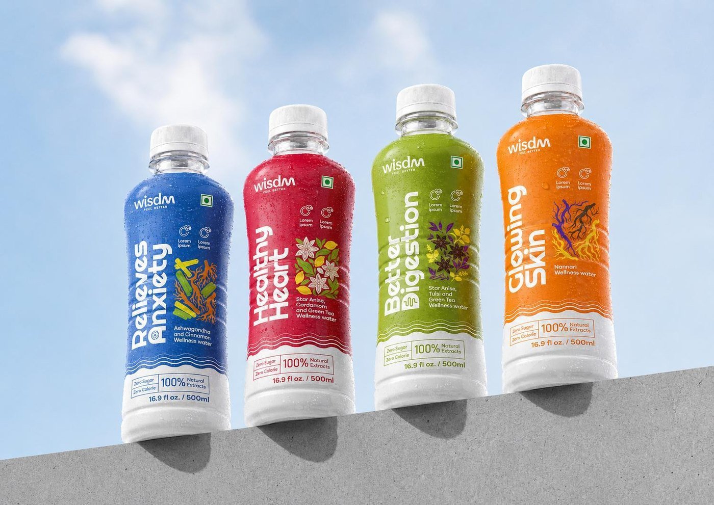 Four wisdm wellness water bottles lined up against a blue sky