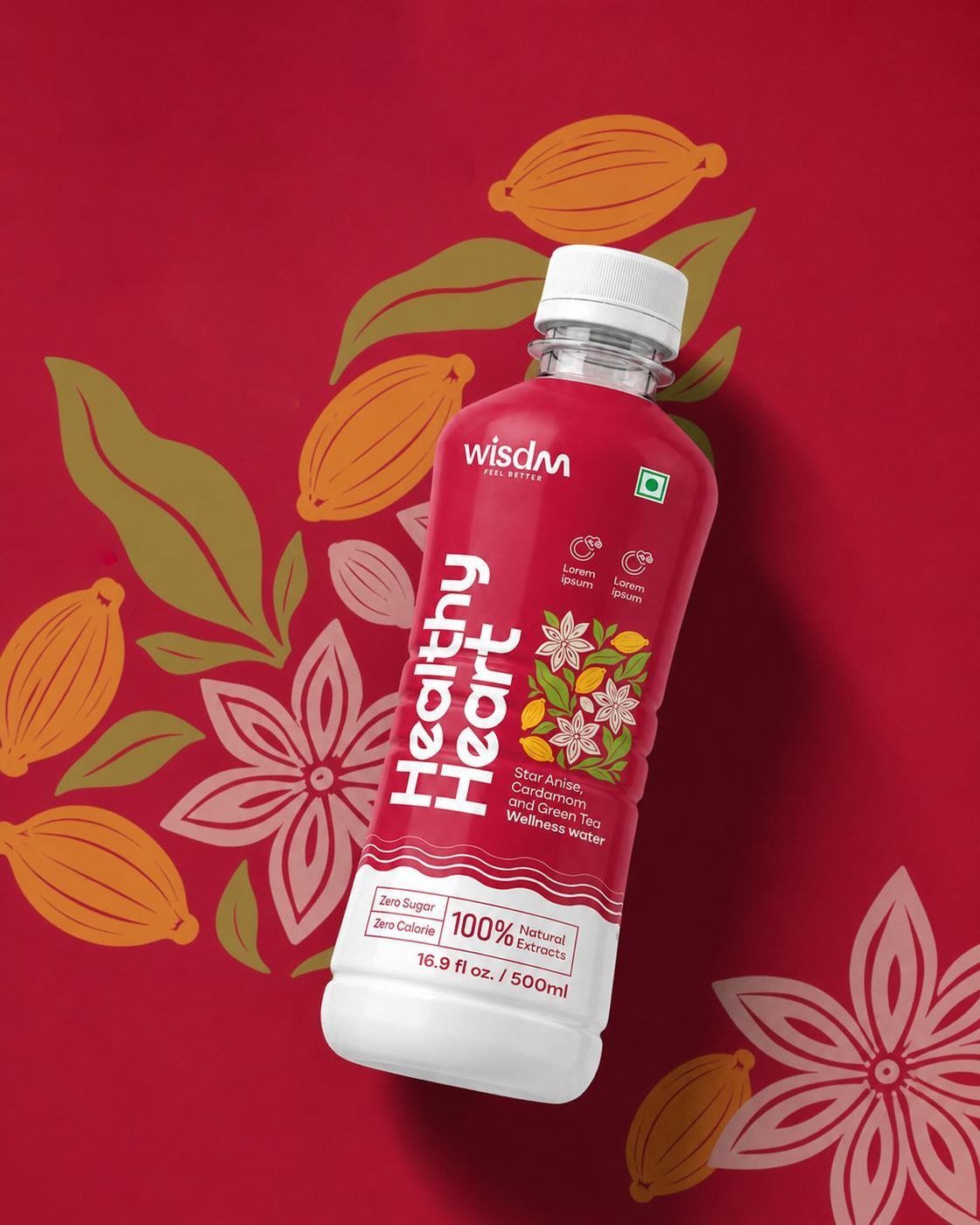 wisdm Healthy Heart bottle on a crimson botanical backdrop