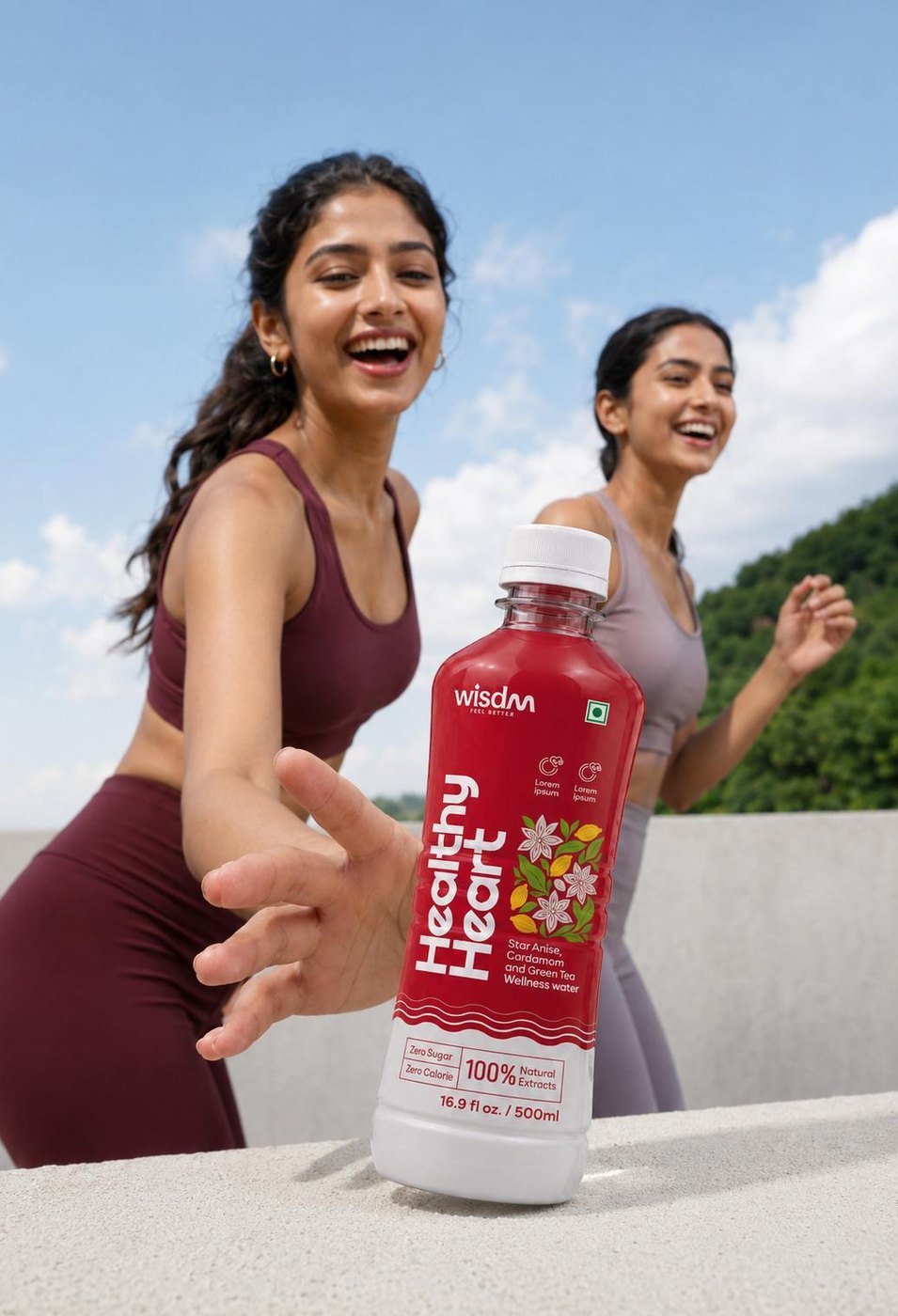 Two runners laughing, one holding a wisdm Healthy Heart bottle